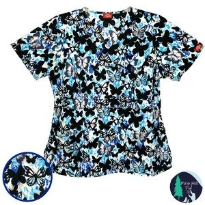 Dickies Butterfly Scrub Top Womens Small Blue Pockets Stretch Faux Belt EUC